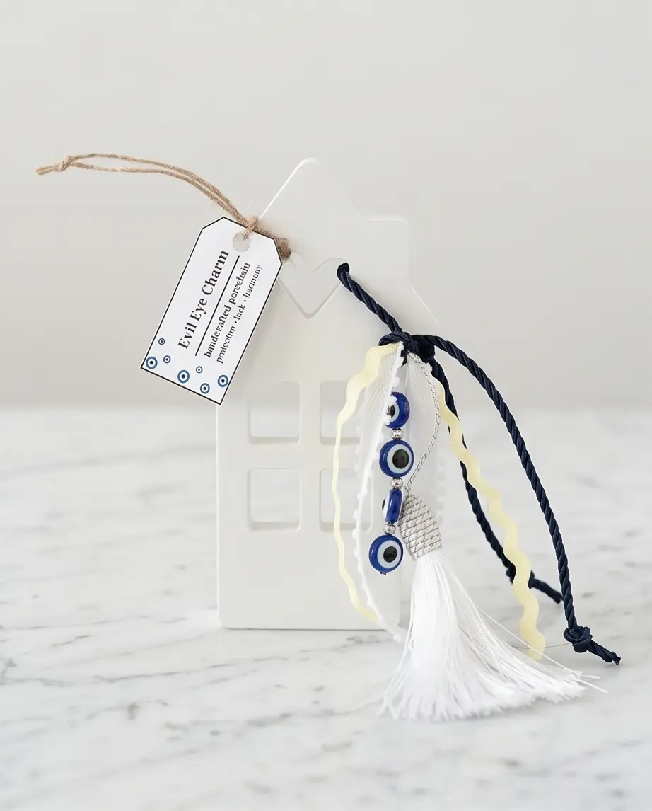 Scandinavian Evil Eye House Charm - Ivory (4) Χειροποίητο Πορσελάνινο Γούρι Σπιτάκι με Ματάκι | Scandinavian Evil Eye House Charm – Ivory Edition - Image 1