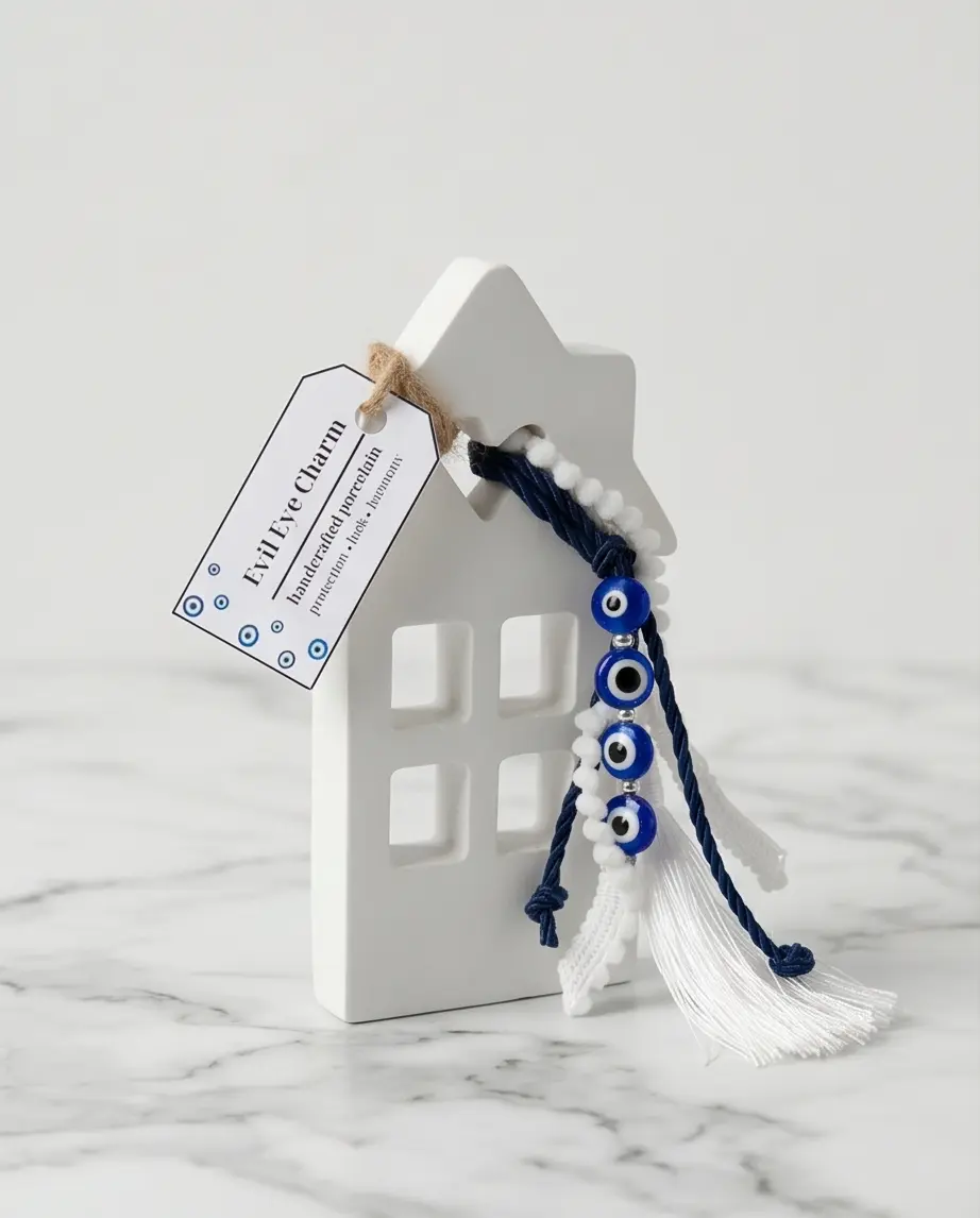 Scandinavian Evil Eye House Charm - Pearl (01) Χειροποίητο πορσελάνινο γούρι σπιτιού με ετικέτα προστασίας και τύχης.