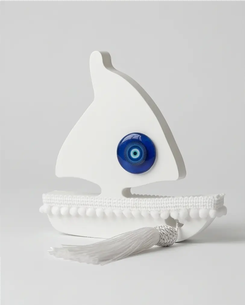 cheiropoiito-porselanino-goyri-karavaki-me-mataki-minimal-mati-boat-white-edition (3) Καθαρή λήψη σε λευκό φόντο από χειροποίητο πορσελάνινο καραβάκι φυλαχτό με λευκές λεπτομέρειες, πον-πον και λευκή φούντα.