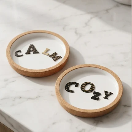 Σετ μίνιμαλ σουβέρ CALM και COZY από φελλό και πορσελάνη τοποθετημένα πάνω σε λευκή μαρμάρινη επιφάνεια.
