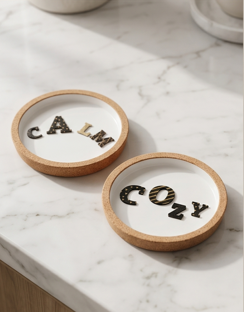 cheiropoiita-soyver-felloy-porselanis-calm-cozy-minimal-muse-set-2-temachion (4) Σετ μίνιμαλ σουβέρ CALM και COZY από φελλό και πορσελάνη τοποθετημένα πάνω σε λευκή μαρμάρινη επιφάνεια.