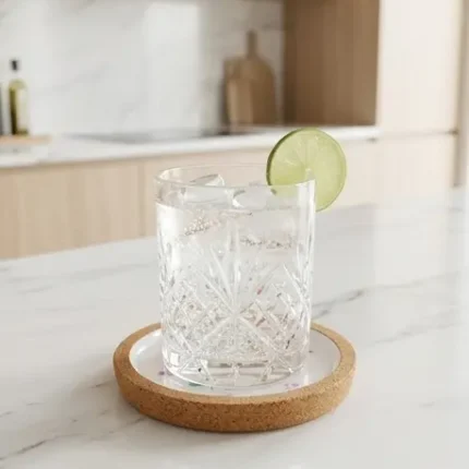 ρυστάλλινο ποτήρι με παγωμένο νερό και φέτα lime, τοποθετημένο πάνω σε αδιάβροχο σουβέρ φελλού στον πάγκο μιας σύγχρονης κουζίνας.
