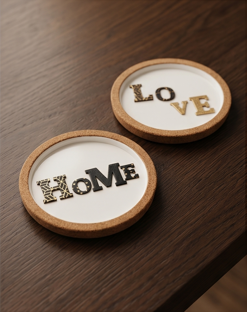cheiropoiita-soyver-felloy-porselanis-home-love-minimal-muse-set-2-temachion (1) Δύο χειροποίητα σουβέρ από φελλό και λευκή πορσελάνη με τις λέξεις HoMe και LoVE τοποθετημένα σε σκούρο ξύλινο τραπέζι.