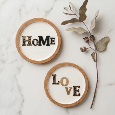 Μίνιμαλ σετ σουβέρ HoMe και LoVE από φελλό τοποθετημένα σε λευκή μαρμάρινη επιφάνεια δίπλα σε ένα αποξηραμένο κλαδί.