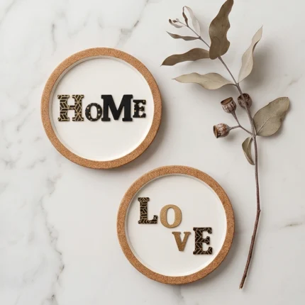 Μίνιμαλ σετ σουβέρ HoMe και LoVE από φελλό τοποθετημένα σε λευκή μαρμάρινη επιφάνεια δίπλα σε ένα αποξηραμένο κλαδί.
