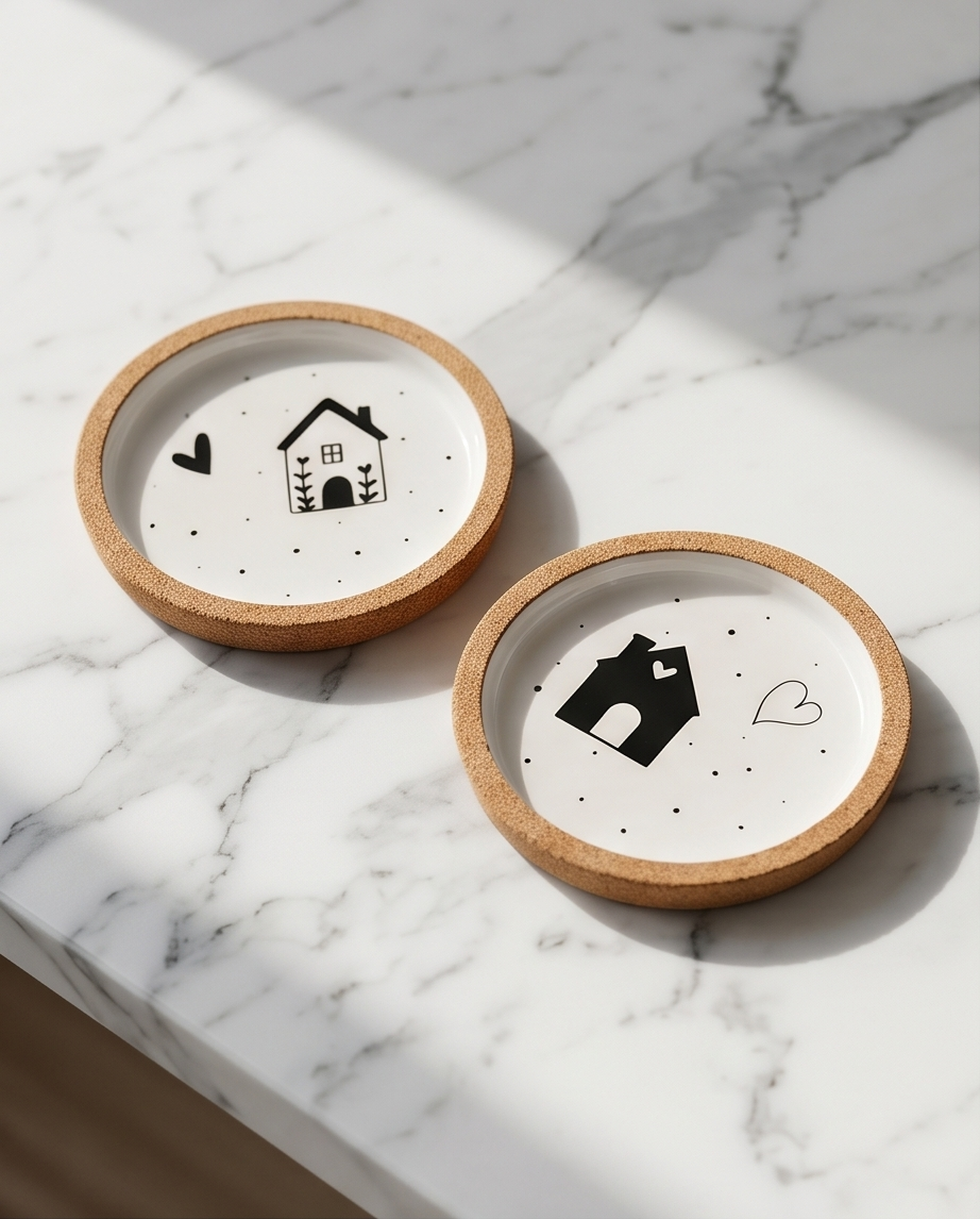 cheiropoiita-soyver-felloy-porselanis-scandinavian-house-minimal-muse-set-2-temachion (2) Δύο χειροποίητα σουβέρ από φελλό και πορσελάνη με σχέδια σκανδιναβικά σπιτάκια, πάνω σε λευκό μάρμαρο με όμορφες σκιάσεις.