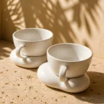 Χειροποίητα Πορσελάνινα Σουβέρ Βότσαλο "Organic Pebble" με Κούπες New Bone | Σετ 2 Κουπών + 2 Σουβέρ - Image 5
