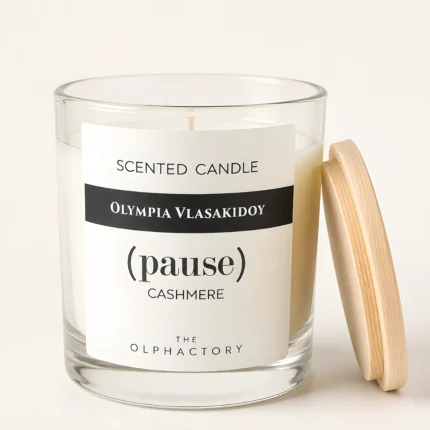 Φυτικό αρωματικό κερί Cashmere σε γυάλινο δοχείο με ξύλινο καπάκι, σειρά (pause) - The Olphactory