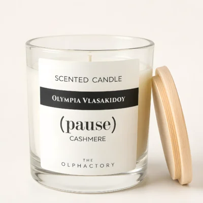 Φυτικό αρωματικό κερί Cashmere σε γυάλινο δοχείο με ξύλινο καπάκι, σειρά (pause) - The Olphactory