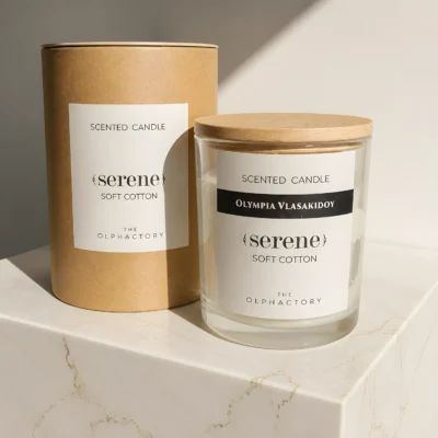 Φυτικό αρωματικό κερί Soft Cotton σε γυάλινο δοχείο, σειρά Serene - The Olphactory