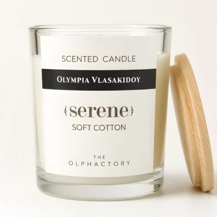 Αρωματικό κερί Soft Cotton The Olphactory με ξύλινο καπάκι ακουμπισμένο δίπλα
