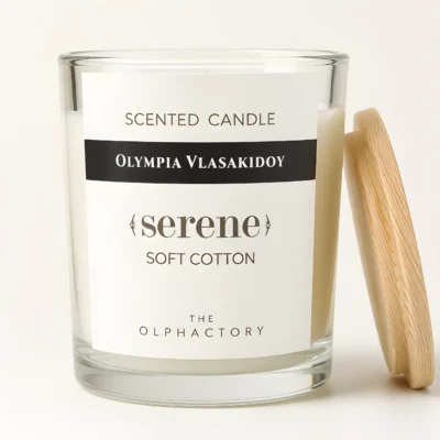 Αρωματικό κερί Soft Cotton The Olphactory με ξύλινο καπάκι ακουμπισμένο δίπλα