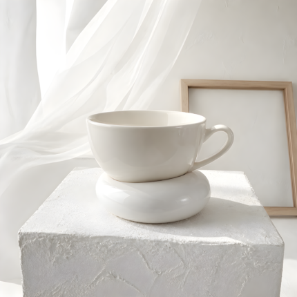 Κούπα New Bone China πάνω σε χειροποίητο πιατάκι σε σχήμα βότσαλου