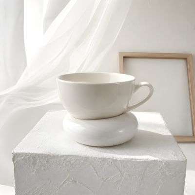 Κούπα New Bone China πάνω σε χειροποίητο πιατάκι σε σχήμα βότσαλου