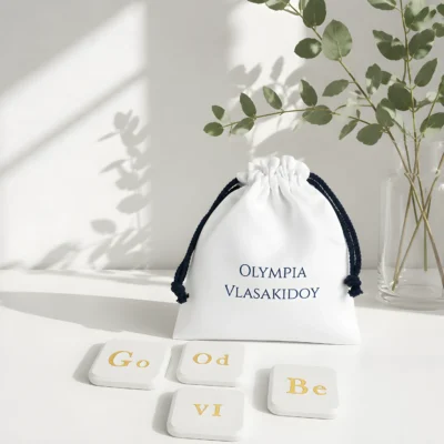 Σετ μαγνητών Good Vibe δίπλα σε υφασμάτινο πουγκί byOlympia και ευκάλυπτο
