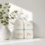 Μαγνήτες Find Hope τοποθετημένοι σε μεταλλική επιφάνεια, χρυσά γράμματα σε λευκή πορσελάνη