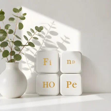 Μαγνήτες Find Hope τοποθετημένοι σε μεταλλική επιφάνεια, χρυσά γράμματα σε λευκή πορσελάνη