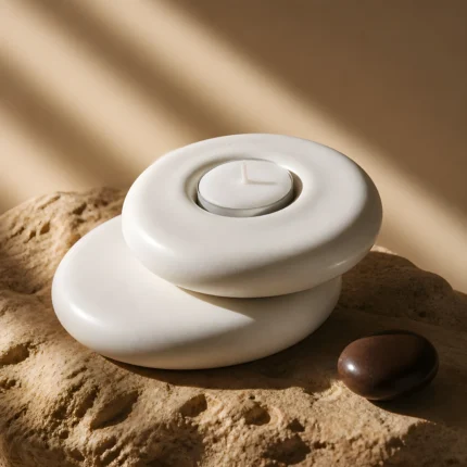 Χειροποίητο κηροπήγιο Stone Form White πάνω σε φυσική πέτρα με αναμμένο ρεσώ