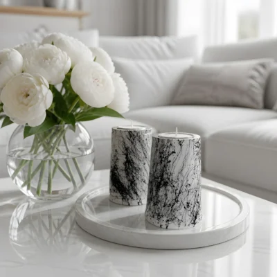 Σετ 2 κηροπηγίων Marble Noir σε λευκή πορσελάνη με μαύρο εφέ μαρμάρου