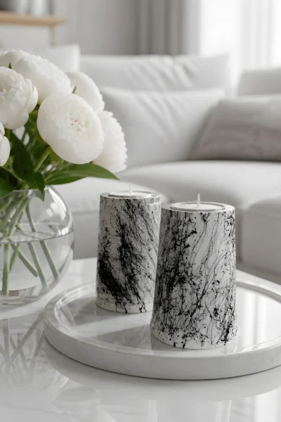Σετ 2 κηροπηγίων Marble Noir σε λευκή πορσελάνη με μαύρο εφέ μαρμάρου