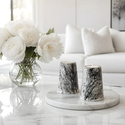 Κηροπήγια Marble Noir με αναμμένα ρεσώ σε τραπέζι σαλονιού