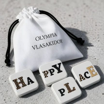 Μαγνήτες Happy Place με το χειροποίητο υφασμάτινο πουγκί Olympia Vlasakidoy