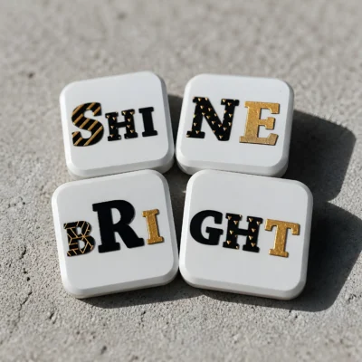 Σετ 4 χειροποίητων μαγνητών πορσελάνης Shine Bright με μαύρα και χρυσά γράμματα