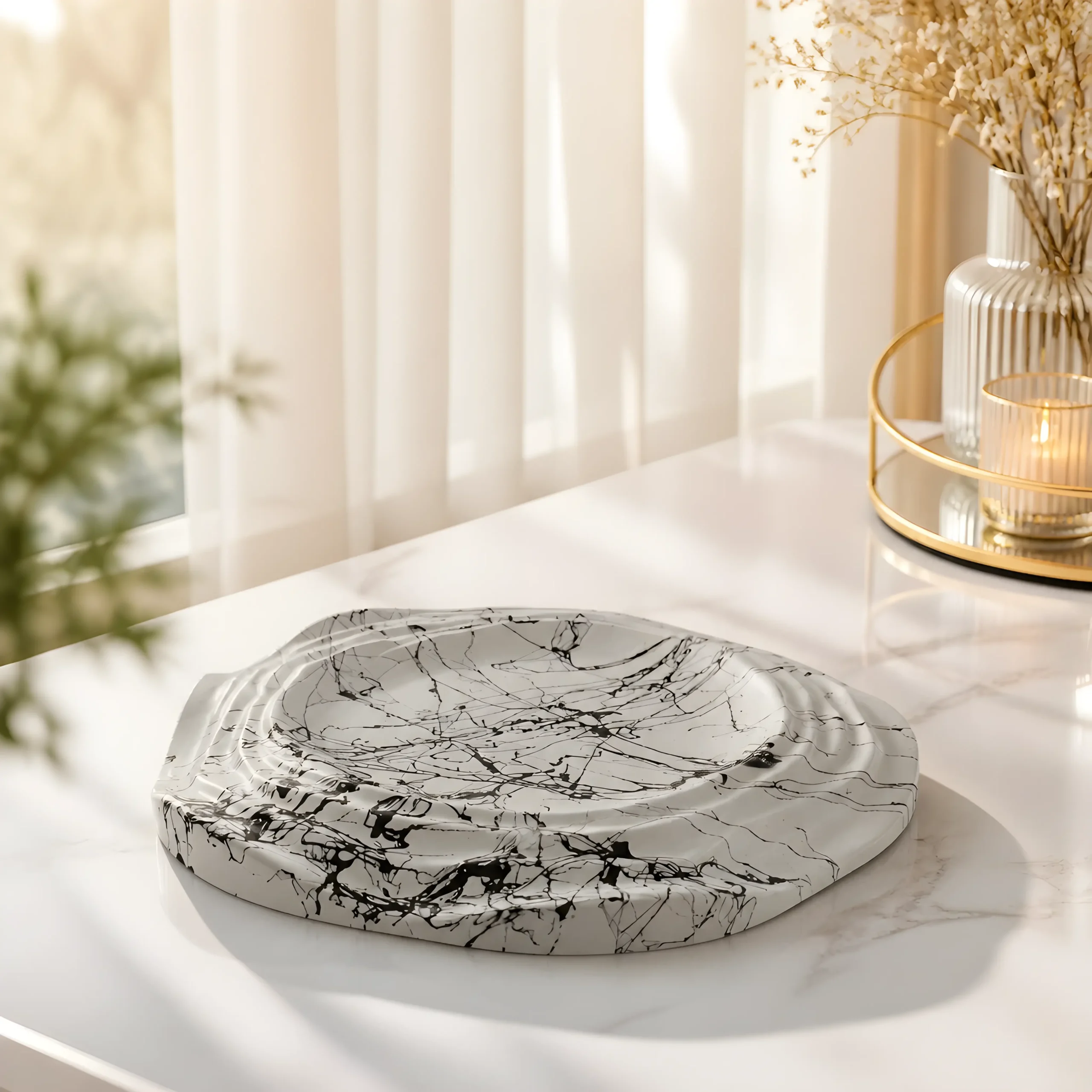 decorative-tray-marble-noir-collection-1 Διακοσμητικός δίσκος Marble Noir σε λευκή πορσελάνη με μαύρες νευρώσεις μαρμάρου