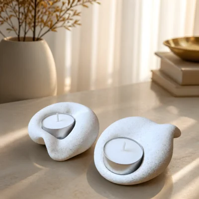 Σετ δύο κηροπηγίων Lumen duo με ρεσώ αναμμένα σε λευκή πορσελάνη με εφέ πέτρας