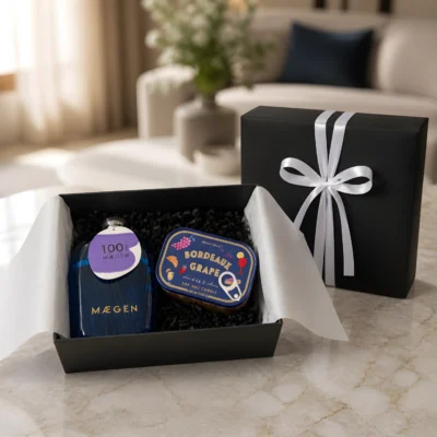 Το σετ δώρου Scent & Flame μέσα στη μαύρη συσκευασία δώρου με κορδέλα