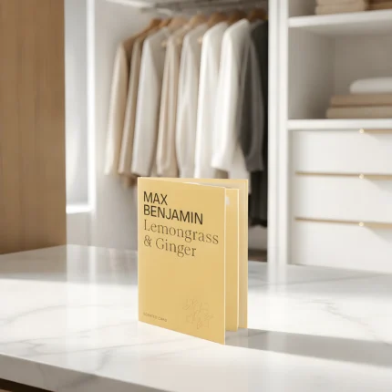 Αρωματική κάρτα Max Benjamin Lemongrass & Ginger όρθια πάνω σε πάγκο, με ρούχα σε κρεμάστρες στο βάθος